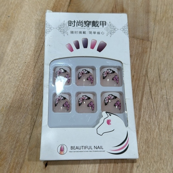 French Tip Press On Toe Nails Pink Butterfly - Picture 2 of 3